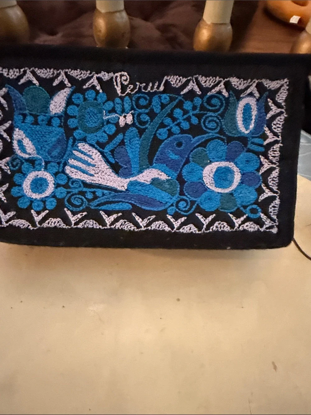 Embroidered Blue Floral Bird Clutch